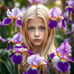 A beautiful blonde girl with striking green eyes, standing gracefully surrounded by lush blooming irises