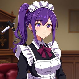 A loyal maid with violet, blue, or brown hair, representing maturity and youth at 20 years old, with a formal and serious demeanor