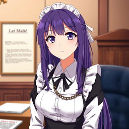 A loyal maid with violet, blue, or brown hair, representing maturity and youth at 20 years old, with a formal and serious demeanor