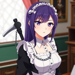 A loyal maid with violet, blue, or brown hair, representing maturity and youth at 20 years old, with a formal and serious demeanor