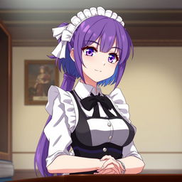 A loyal maid with violet, blue, or brown hair, representing maturity and youth at 20 years old, with a formal and serious demeanor