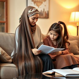 A modestly dressed mother with extremely long, silky, and smooth hair cascading down, adorned with a scarf headband, sitting on a sofa