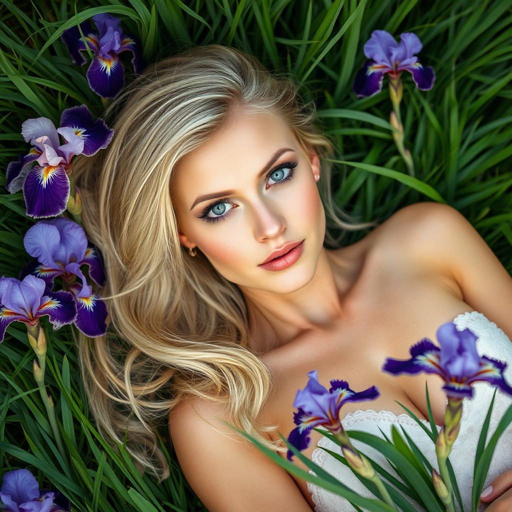 A beautiful blonde woman with stunning green eyes, elegantly laying on a lush bed of grass, surrounded by vibrant blooming irises