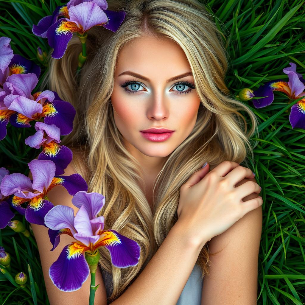 A beautiful blonde woman with stunning green eyes, elegantly laying on a lush bed of grass, surrounded by vibrant blooming irises