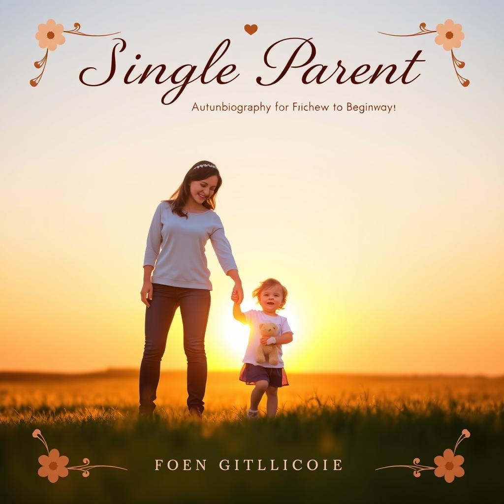 A heartwarming book cover for an autobiography of a single parent, featuring a serene scene of a parent and child holding hands, standing at the edge of a sunlit field, symbolizing hope and resilience