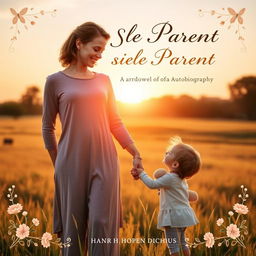 A heartwarming book cover for an autobiography of a single parent, featuring a serene scene of a parent and child holding hands, standing at the edge of a sunlit field, symbolizing hope and resilience