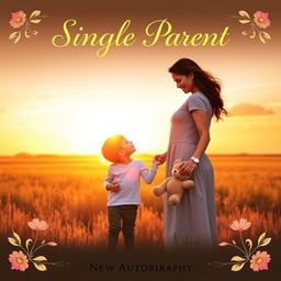 A heartwarming book cover for an autobiography of a single parent, featuring a serene scene of a parent and child holding hands, standing at the edge of a sunlit field, symbolizing hope and resilience