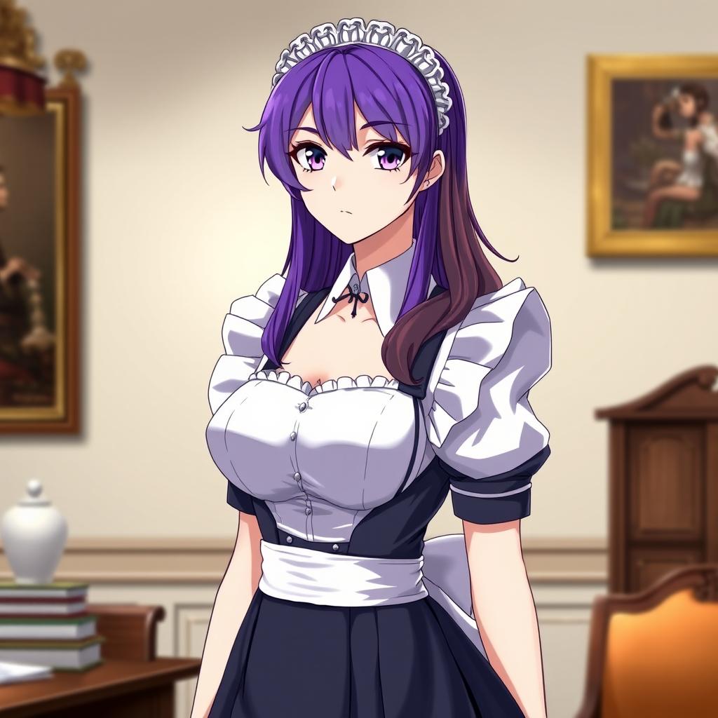 Masterpiece quality depicting a perfect maid, loyal to her master, with vibrant violet, blue, or brown hair symbolizing youth at 20 years