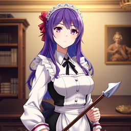 Masterpiece quality depicting a perfect maid, loyal to her master, with vibrant violet, blue, or brown hair symbolizing youth at 20 years