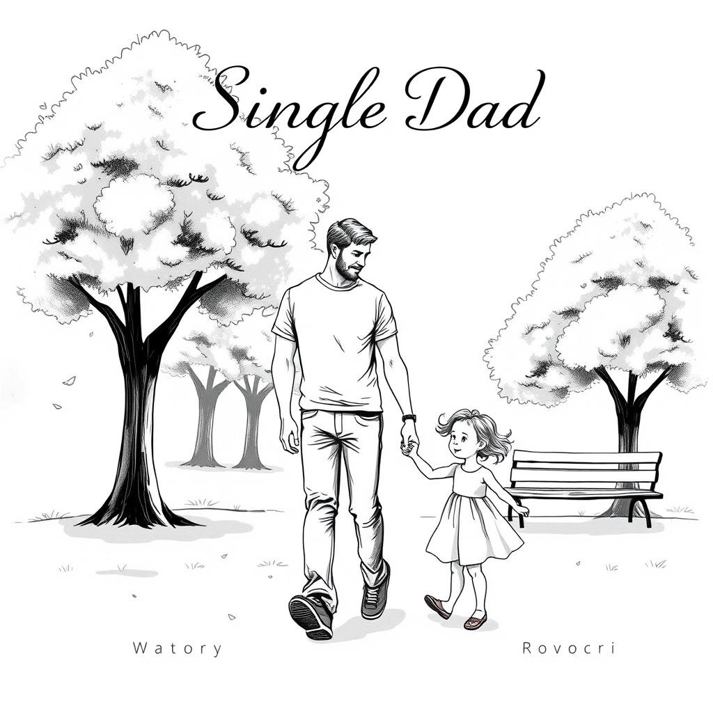 Illustrated book cover featuring a single dad theme, black and white illustration