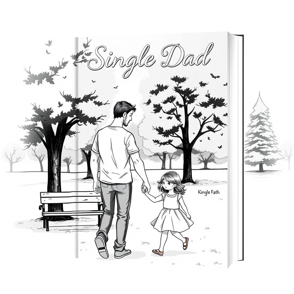 Illustrated book cover featuring a single dad theme, black and white illustration