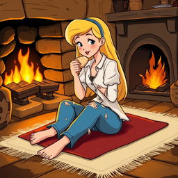 Cinderella sitting on the floor on a blanket near the fireplace, eating a piece of bread