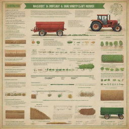 An engaging poster illustrating various farm inputs such as seeds, fertilizers, and machinery, along with simple diagrams showcasing fundamental calculations in horticulture. The slogan should emphasize the importance of farm inputs and efficient farming practices.