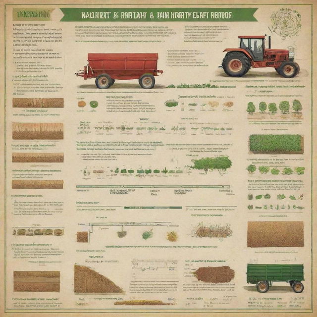 An engaging poster illustrating various farm inputs such as seeds, fertilizers, and machinery, along with simple diagrams showcasing fundamental calculations in horticulture. The slogan should emphasize the importance of farm inputs and efficient farming practices.