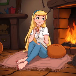 Cinderella sitting on the floor on a blanket near the fireplace, eating a piece of bread