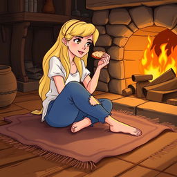 Cinderella sitting on the floor on a blanket near the fireplace, eating a piece of bread