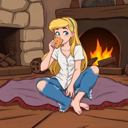 Cinderella sitting on the floor on a blanket near the fireplace, eating a piece of bread