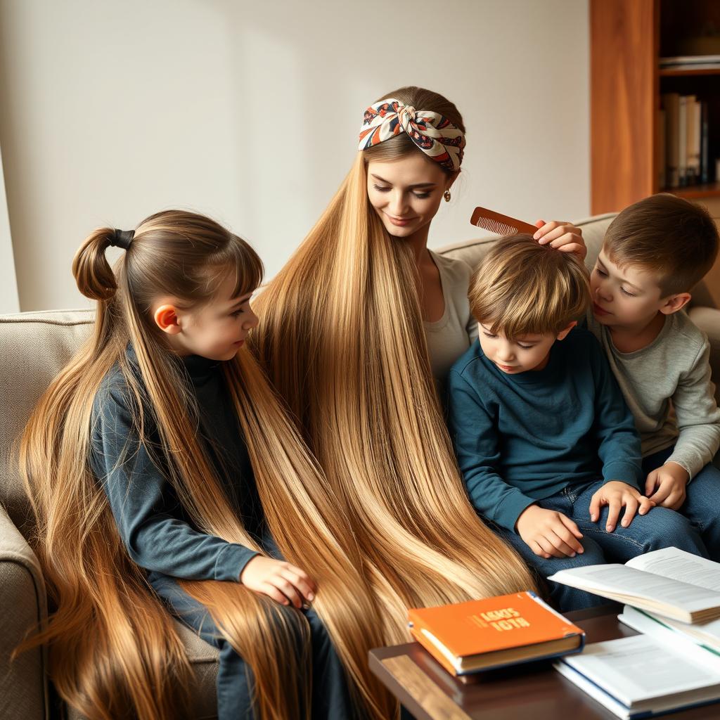 A mother with extremely long, silky, and smooth hair cascading down, adorned with a scarf headband, sitting on a sofa