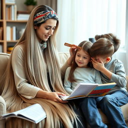 A mother with extremely long, silky, and smooth hair cascading down, adorned with a scarf headband, sitting on a sofa