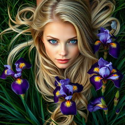 A captivating long portrait of a beautiful blonde woman with enchanting green eyes, gracefully laying on lush grass, surrounded by vibrant irises in full bloom