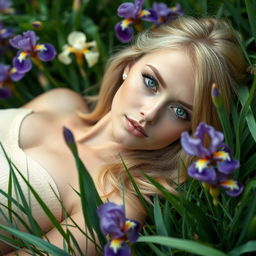 A captivating long portrait of a beautiful blonde woman with enchanting green eyes, gracefully laying on lush grass, surrounded by vibrant irises in full bloom