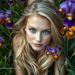 A captivating long portrait of a beautiful blonde woman with enchanting green eyes, gracefully laying on lush grass, surrounded by vibrant irises in full bloom