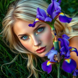 A captivating long portrait of a beautiful blonde woman with enchanting green eyes, gracefully laying on lush grass, surrounded by vibrant irises in full bloom