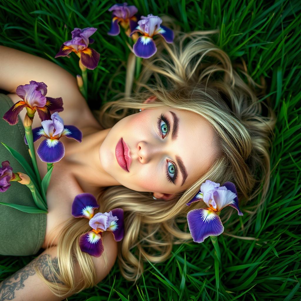 A captivating long portrait of a beautiful blonde woman with enchanting green eyes, gracefully laying on lush grass, surrounded by vibrant blooming irises