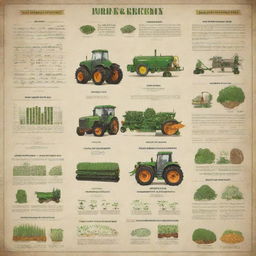 An engaging poster illustrating various farm inputs such as seeds, fertilizers, and machinery, along with simple diagrams showcasing fundamental calculations in horticulture. The slogan should emphasize the importance of farm inputs and efficient farming practices.