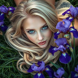 A captivating long portrait of a beautiful blonde woman with enchanting green eyes, gracefully laying on lush grass, surrounded by vibrant blooming irises