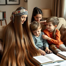 A mother with extremely long, silky, and smooth hair cascading down, adorned with a scarf headband, sitting on a sofa