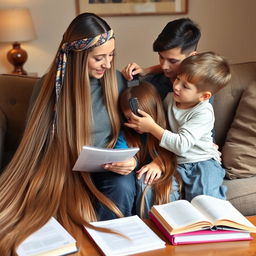 A mother with extremely long, silky, and smooth hair cascading down, adorned with a scarf headband, sitting on a sofa