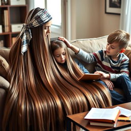 A mother with extremely long, silky, and smooth hair cascading down, adorned with a scarf headband, sitting on a sofa