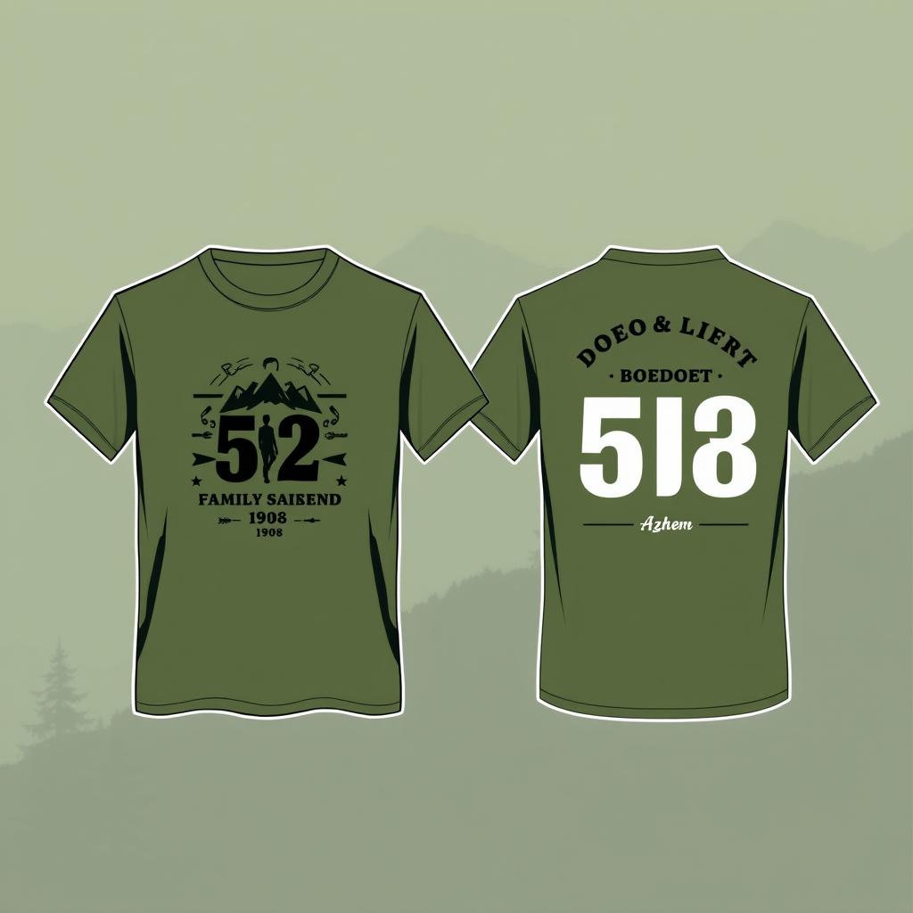 Create a t-shirt design with an army green color theme for a family gathering event named Boedoet 52 Azhem 1908