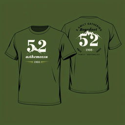 Create a t-shirt design with an army green color theme for a family gathering event named Boedoet 52 Azhem 1908