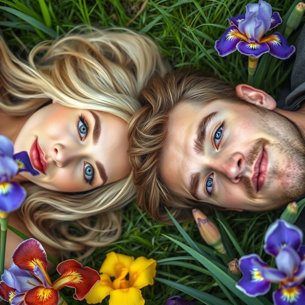 An enchanting long portrait featuring a beautiful blonde woman with mesmerizing green eyes and a handsome brown-haired man with striking blue eyes, both serenely laying on a lush carpet of grass, surrounded by vibrant irises in full bloom