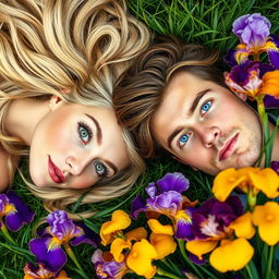 An enchanting long portrait featuring a beautiful blonde woman with mesmerizing green eyes and a handsome brown-haired man with striking blue eyes, both serenely laying on a lush carpet of grass, surrounded by vibrant irises in full bloom