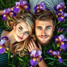 An enchanting long portrait featuring a beautiful blonde woman with mesmerizing green eyes and a handsome brown-haired man with striking blue eyes, both serenely laying on a lush carpet of grass, surrounded by vibrant irises in full bloom