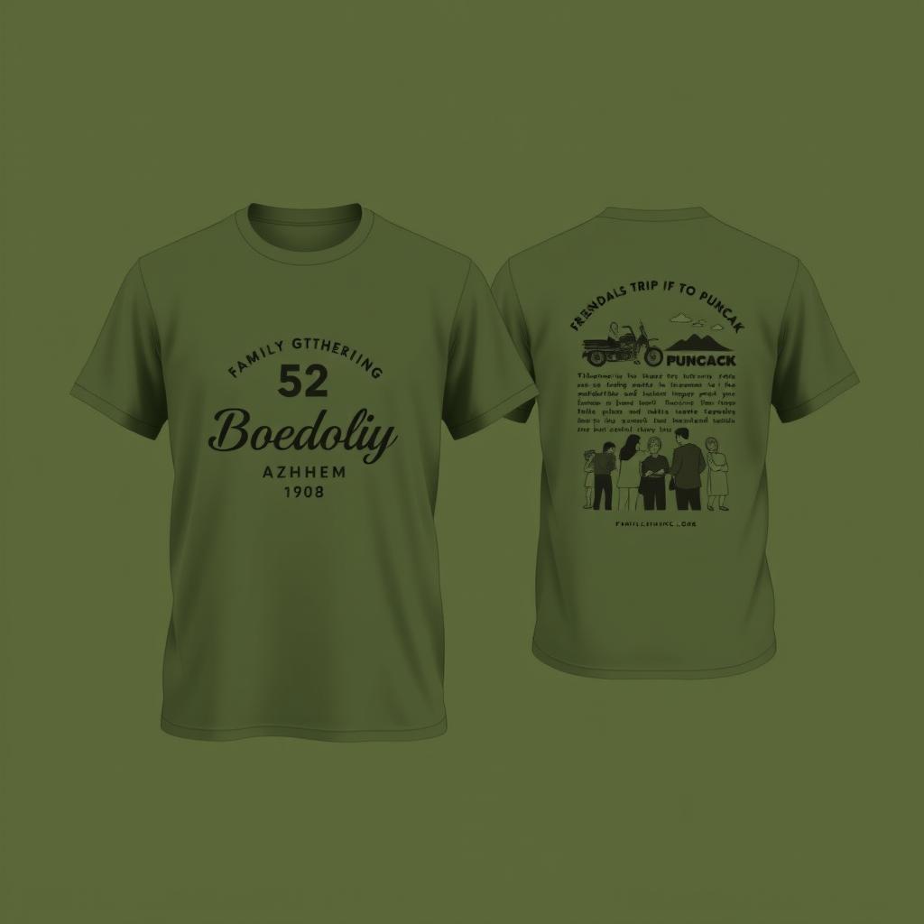 Design a t-shirt in army green color with a theme 'Family Gathering Boedoet 52 Azhem 1908'