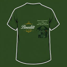 Design a t-shirt in army green color with a theme 'Family Gathering Boedoet 52 Azhem 1908'