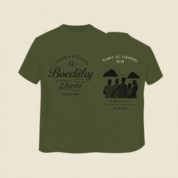 Design a t-shirt in army green color with a theme 'Family Gathering Boedoet 52 Azhem 1908'