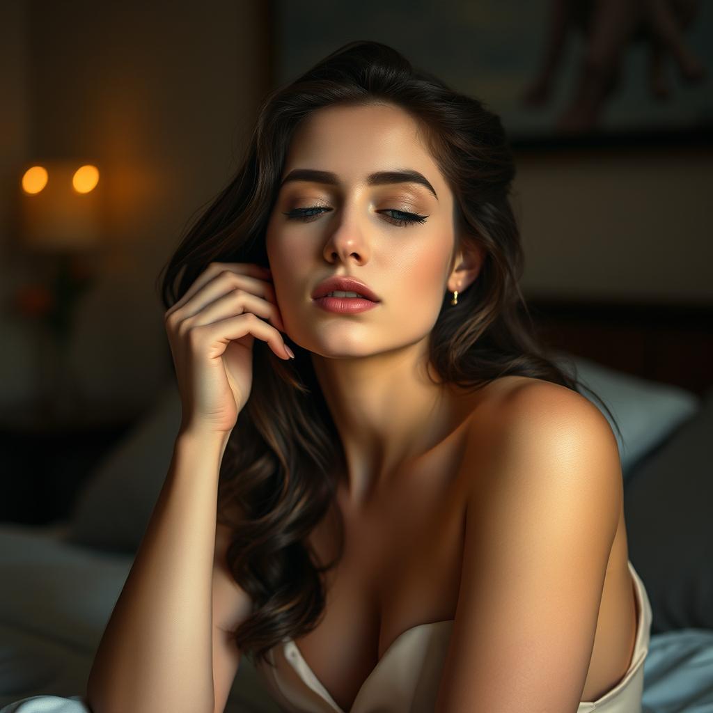 A woman in a moment of personal relaxation and introspection, depicted in an elegant, tasteful, and artful manner, capturing the essence of tranquility and intimacy in a softly lit setting