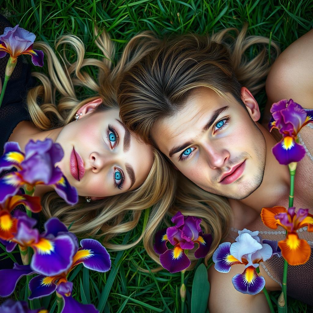 An enchanting long portrait depicting a beautiful blonde woman with mesmerizing green eyes and a handsome brown-haired man with striking blue eyes, both lying comfortably on a lush carpet of grass, surrounded by vibrant irises in full bloom