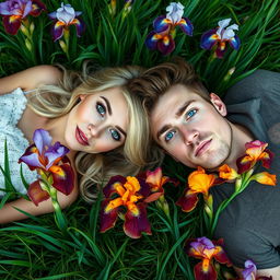 An enchanting long portrait depicting a beautiful blonde woman with mesmerizing green eyes and a handsome brown-haired man with striking blue eyes, both lying comfortably on a lush carpet of grass, surrounded by vibrant irises in full bloom