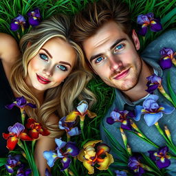 An enchanting long portrait depicting a beautiful blonde woman with mesmerizing green eyes and a handsome brown-haired man with striking blue eyes, both lying comfortably on a lush carpet of grass, surrounded by vibrant irises in full bloom