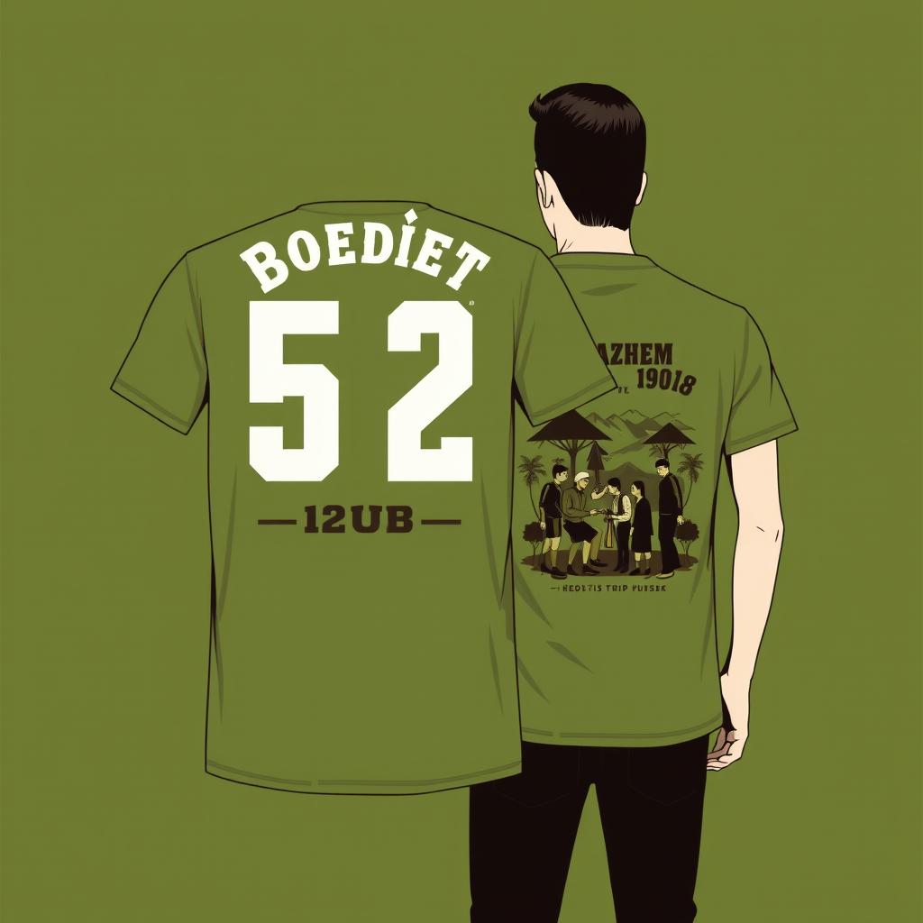 Design a t-shirt with an army green color scheme for a family gathering themed around "Boedoet 52 Azhem 1908"