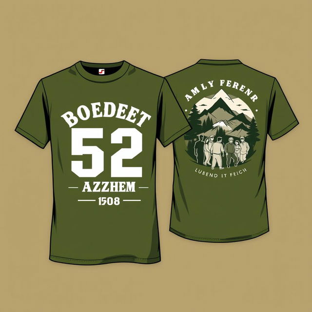 Design a t-shirt with an army green color scheme for a family gathering themed around "Boedoet 52 Azhem 1908"