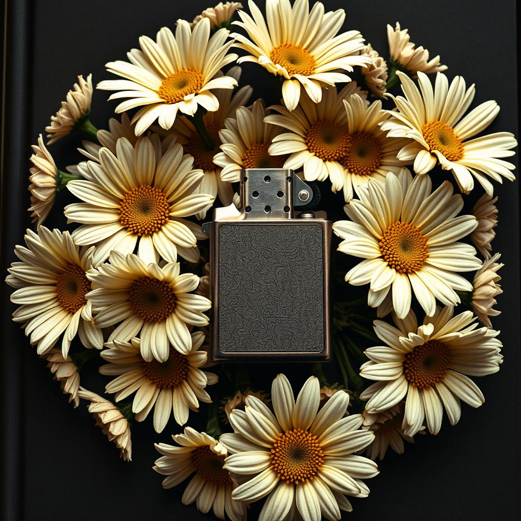 A realistic lighter with intricate details placed centrally on the book cover, surrounded by a flourishing arrangement of daisy flowers with twisted, veiny blooms