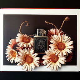 A realistic lighter with intricate details placed centrally on the book cover, surrounded by a flourishing arrangement of daisy flowers with twisted, veiny blooms