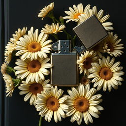 A realistic lighter with intricate details placed centrally on the book cover, surrounded by a flourishing arrangement of daisy flowers with twisted, veiny blooms